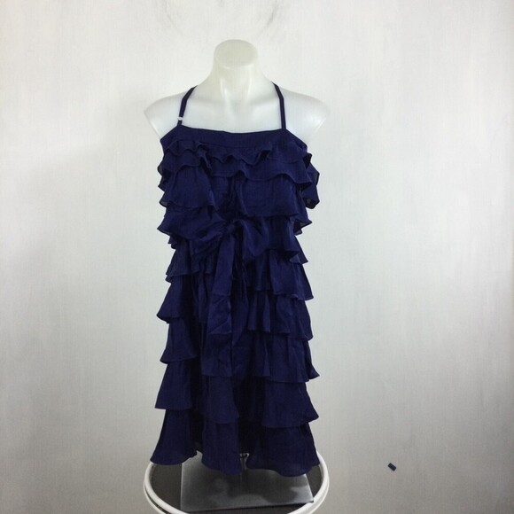 Anthropologie Va Et Vien Silk Spaghetti Cross Back Party Ruffle Dress Blue 14 - Picture 9 of 11